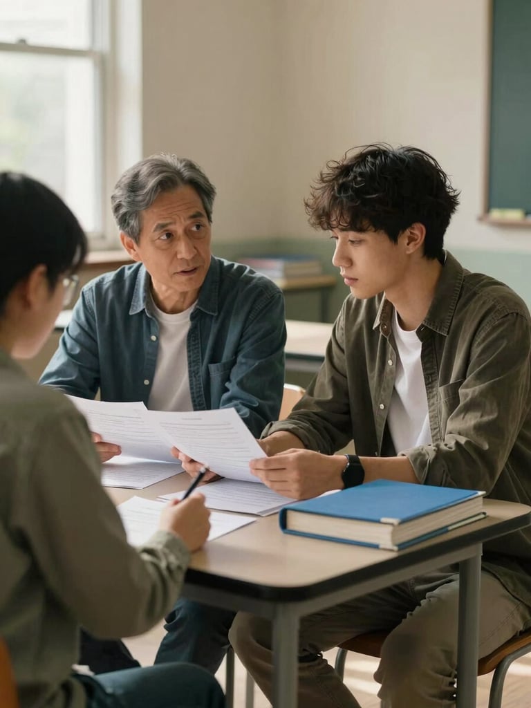 Medium shot of a mentor and young adult seated across a small table in a community center room, both looking at documents between them, warm window light from the left, unposed and mid-conversation, books and binders visible on the table