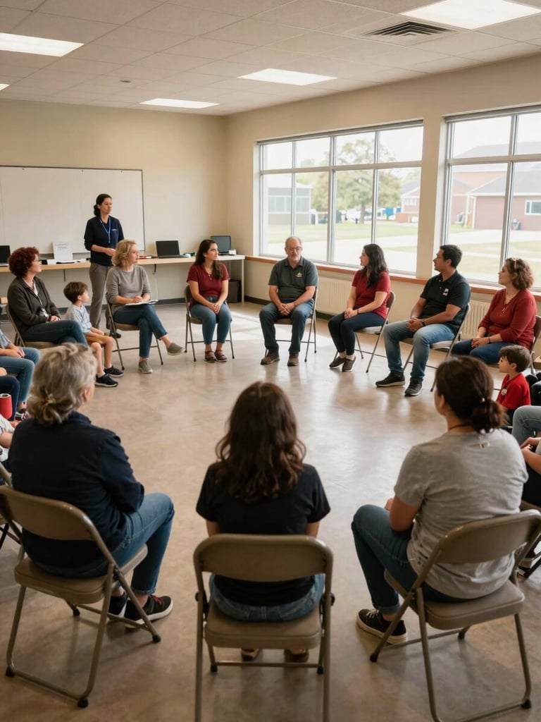 Wide shot of a community room during a family services session, folding chairs arranged in a loose circle, adults and children present, warm daylight through a row of windows on the right side, facilitator visible at the far end, candid mid-activity moment