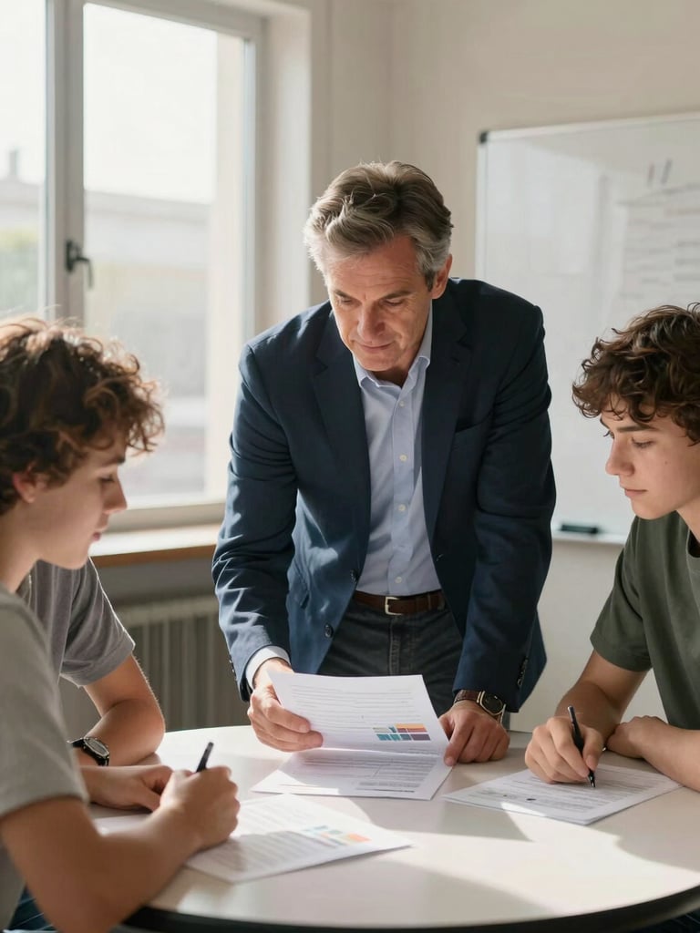 Medium shot of a mentor and two teenage students at a round table, reviewing printed materials together under natural window light, a whiteboard partially visible in the background, warm afternoon light, community center setting, no posed expressions