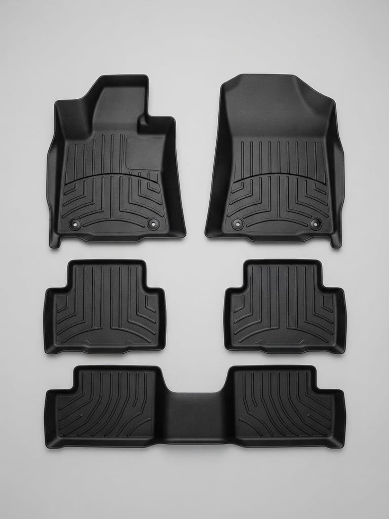Overhead flat-lay of a custom-fit black polymer mat kit laid out symmetrically on a seamless light gray background, crisp studio lighting, sharp focus.