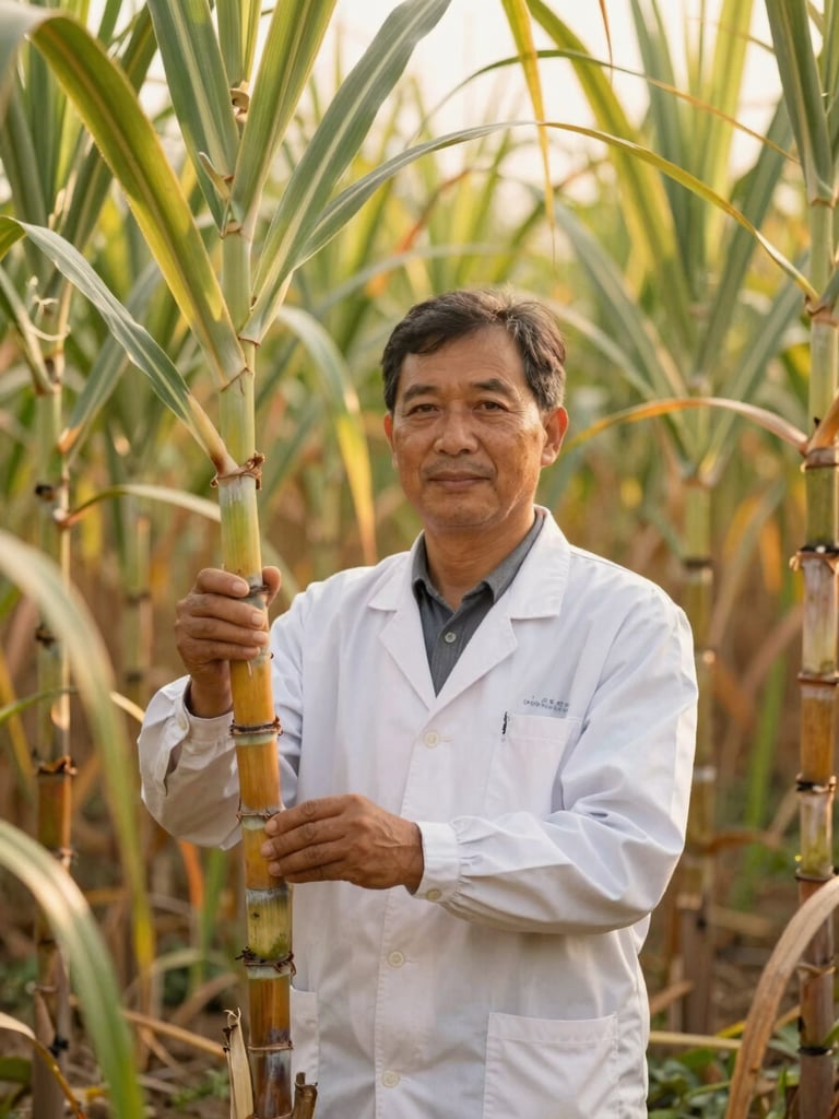 A professional agricultural specialist examining sugarcane stalks in a lush, sun-drenched field, warm editorial food photography style
