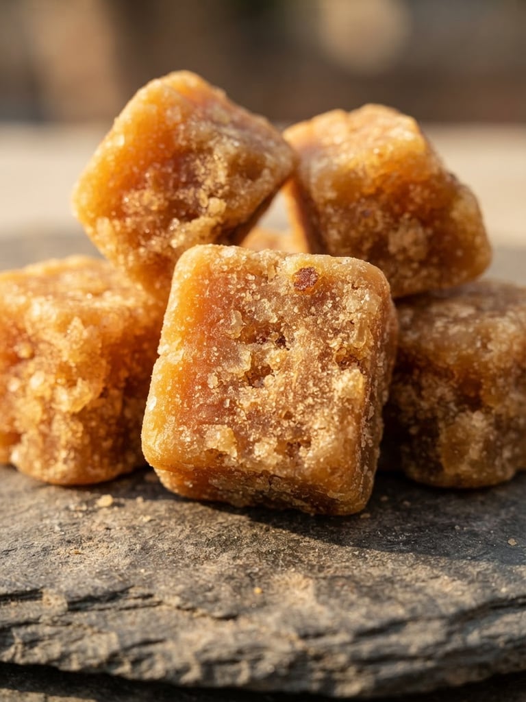 Macro photograph of textured, golden-amber jaggery cubes stacked on a clean stone surface under bright, warm natural sunlight, showing crystalline details.