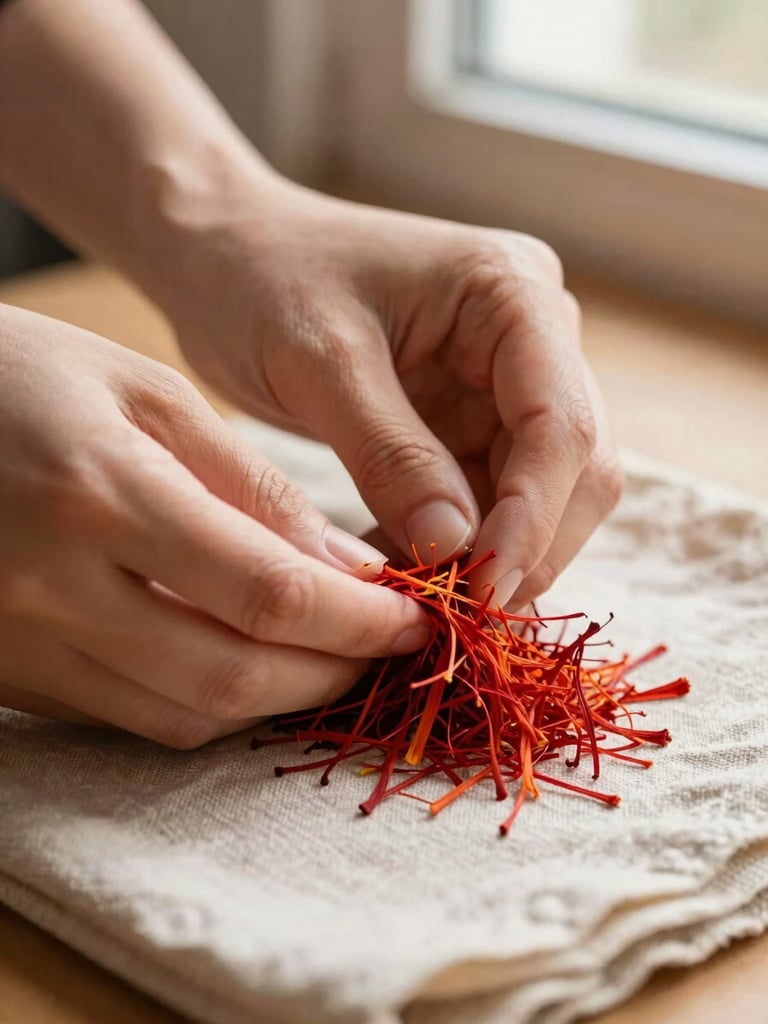Close-up of hands gently sorting vibrant red saffron threads on a linen cloth, warm directional window light highlighting the delicate textures.