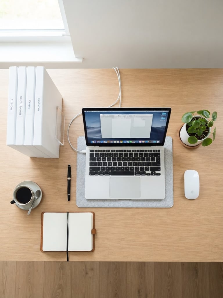 Overhead flat-lay of an impeccably organized modern desk with a laptop, neatly aligned labeled folders, and a pen under bright natural daylight