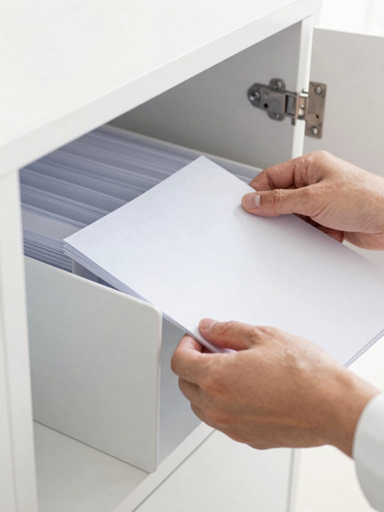 Close-up of professional hands neatly filing document folders into a crisp white cabinet, bright high-key office environment, natural light, 35mm