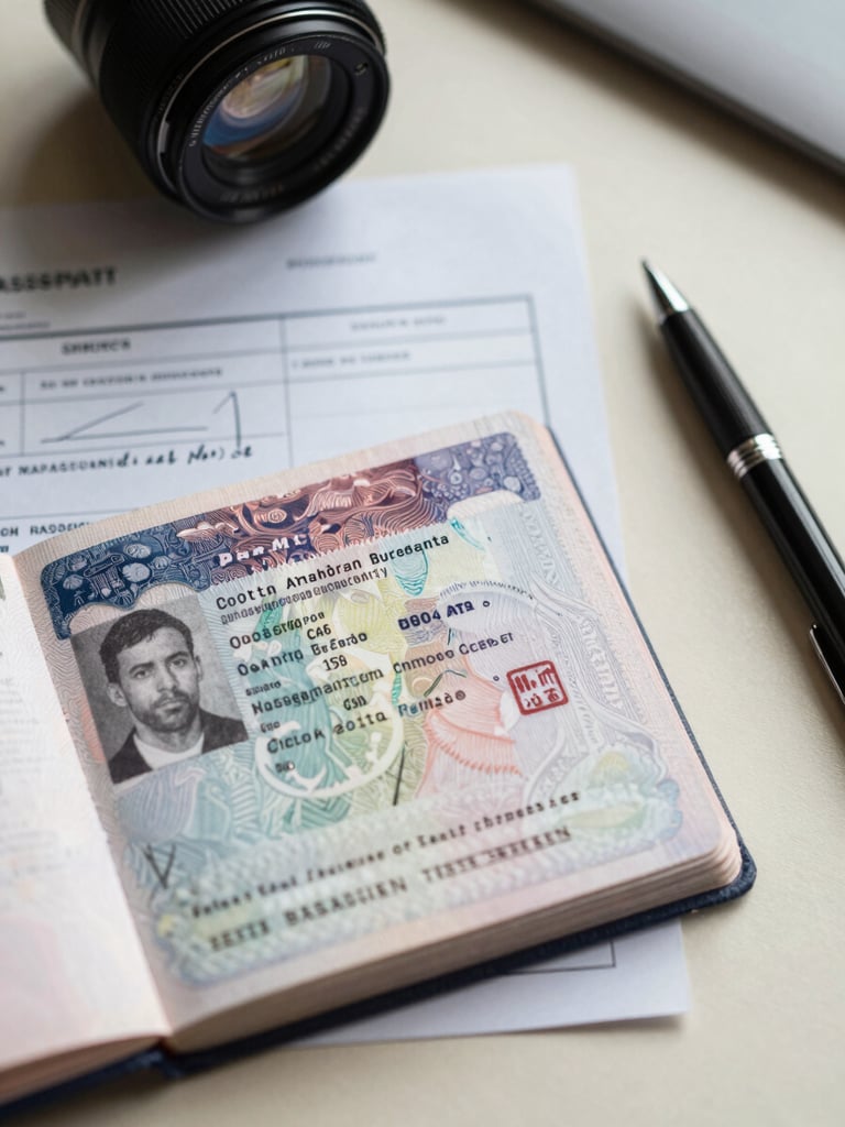 Close-up overhead shot of a desk under cool office lighting—open passport showing a stamped visa page, a completed application form with careful handwriting, and a pen resting beside it on a warm cream surface