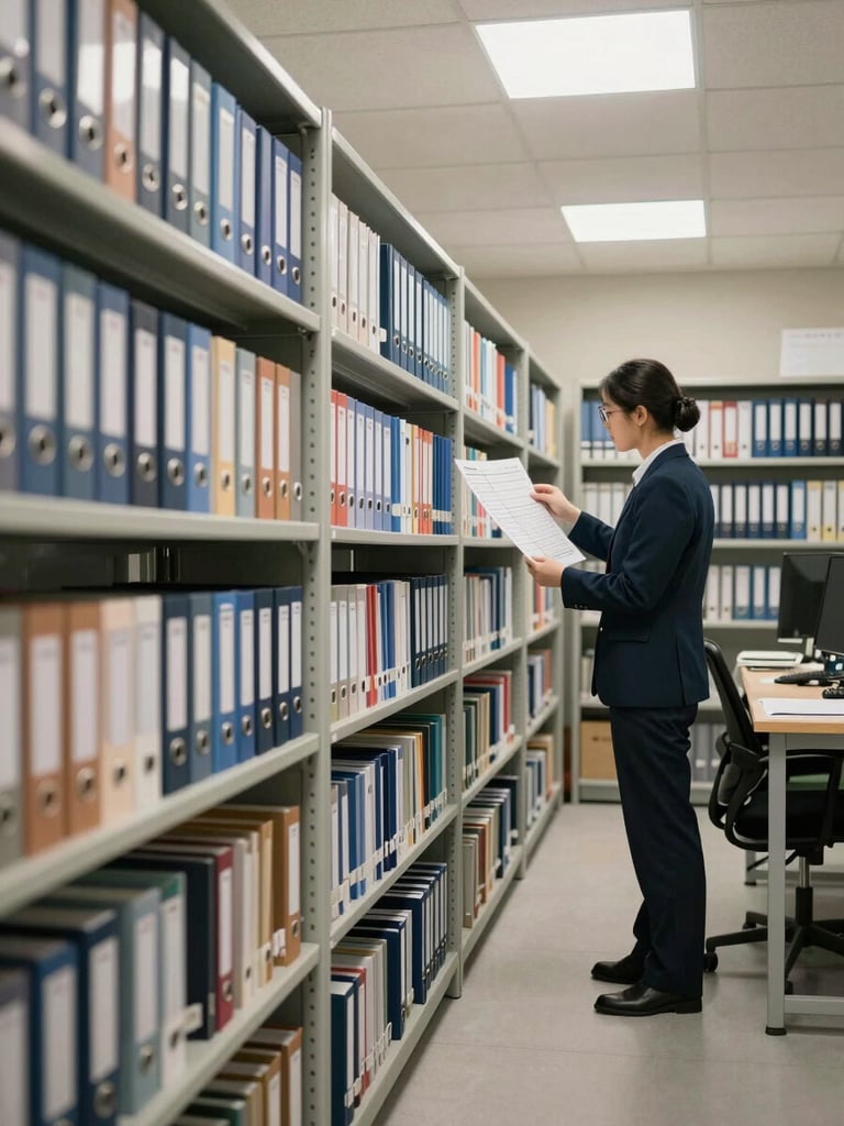 Wide shot of an orderly filing space, rows of labeled folders on shelves, a staff member at a standing desk reviewing a printed timeline checklist under bright overhead office lighting