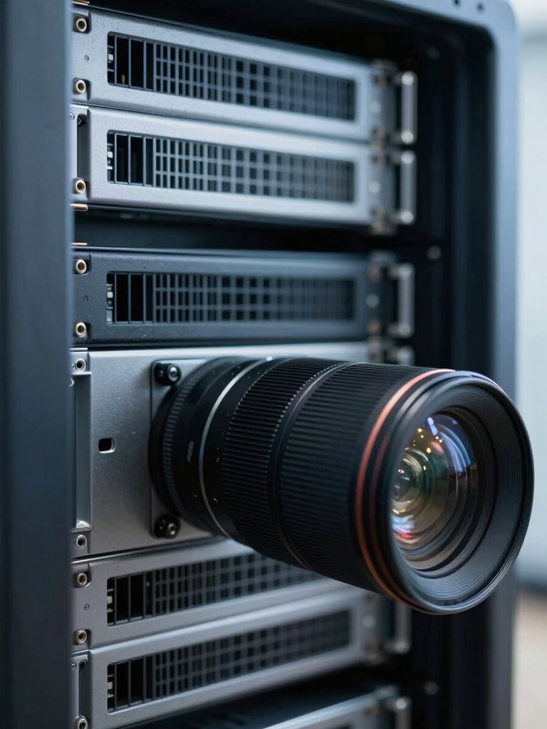 Macro photography of clean server rack architecture, cool diffused blue and gray tones, high-end architectural lens, technical precision focus.