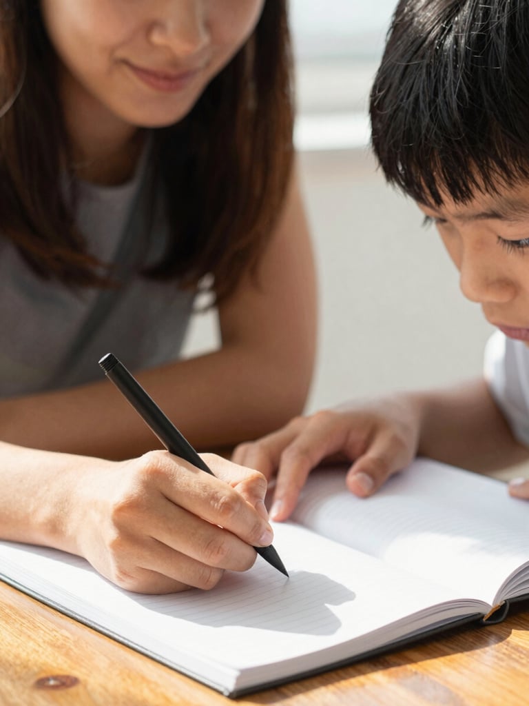 Candid close-up of a tutor guiding a student's hand writing on a notebook, bright natural daylight, warm colors, shallow depth of field