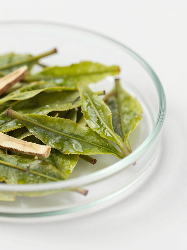 Macro close-up of green tea leaves and adaptogenic herbs on a clean glass petri dish, bright clinical daylight, minimalist green tones