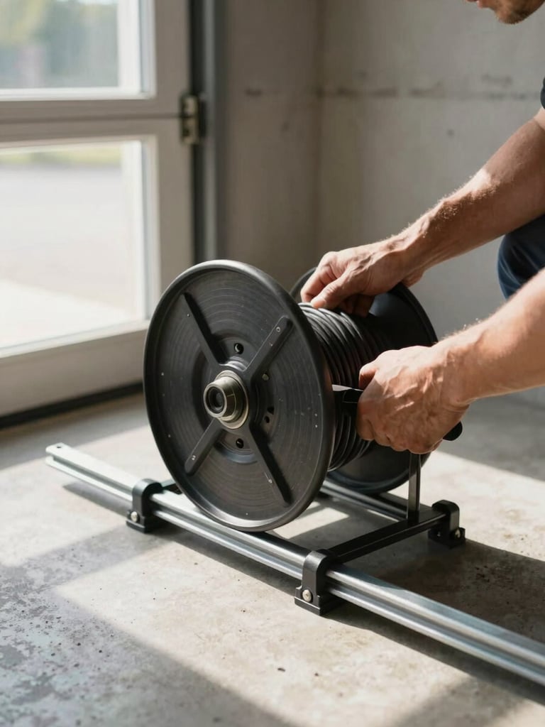 Close-up of a technician's hands gripping a cable drum on a garage door track, natural window light from the left casting clear shadows on the steel mechanism, concrete wall visible in background