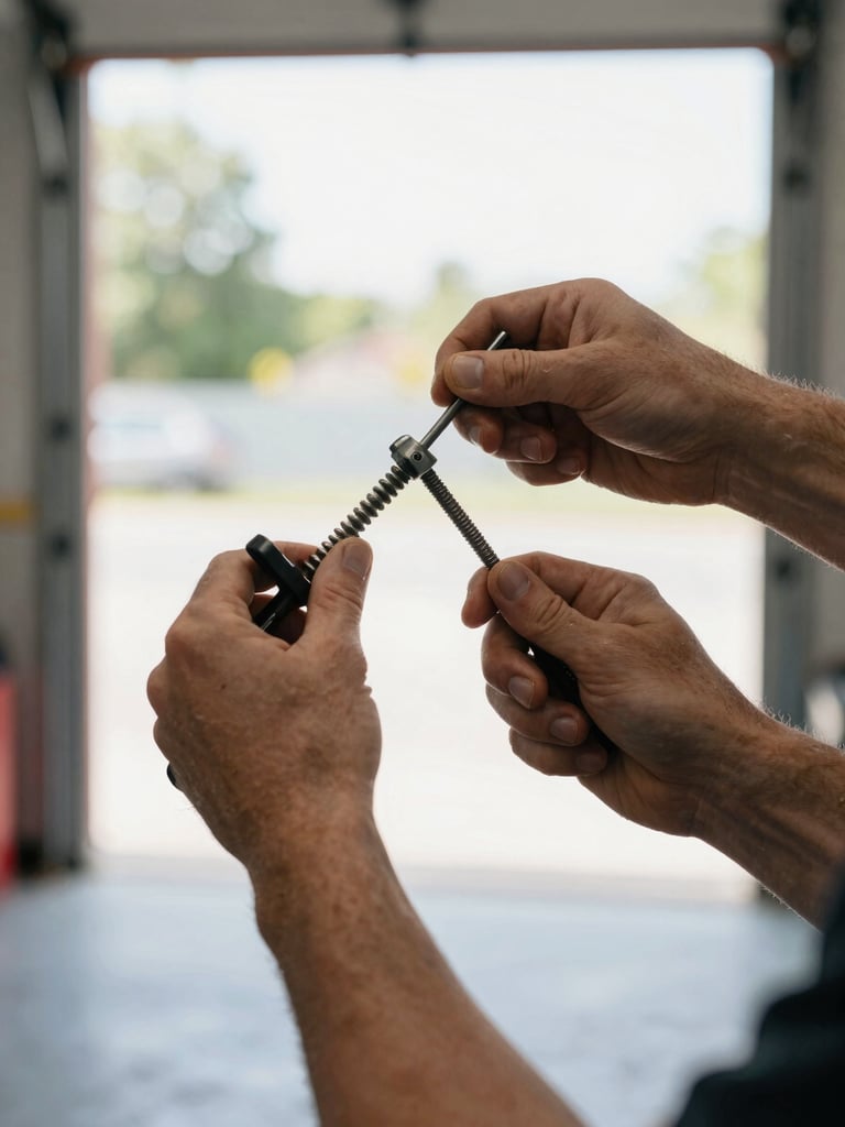 Close-up portrait framing of hands gripping a torsion spring bar inside a garage, knuckles and forearm visible, natural light from the open garage door behind, concrete floor in the lower background
