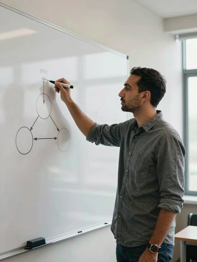 Medium environmental shot of Mahmoud standing at a whiteboard, marker in hand, pointing at a diagram of interconnected circles and arrows, natural window light from the right, sleeves rolled up, focused expression, coaching space visible in the background with minimal furniture