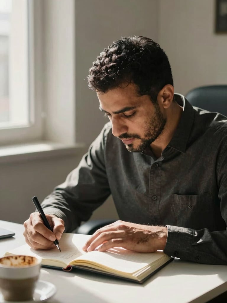 Close medium shot of Mahmoud Fennan seated at a desk, leaning forward and writing in an open notebook, natural window light from the left side casting soft directional shadows, a half-empty coffee cup visible at the frame edge, suggesting focused deliberate work
