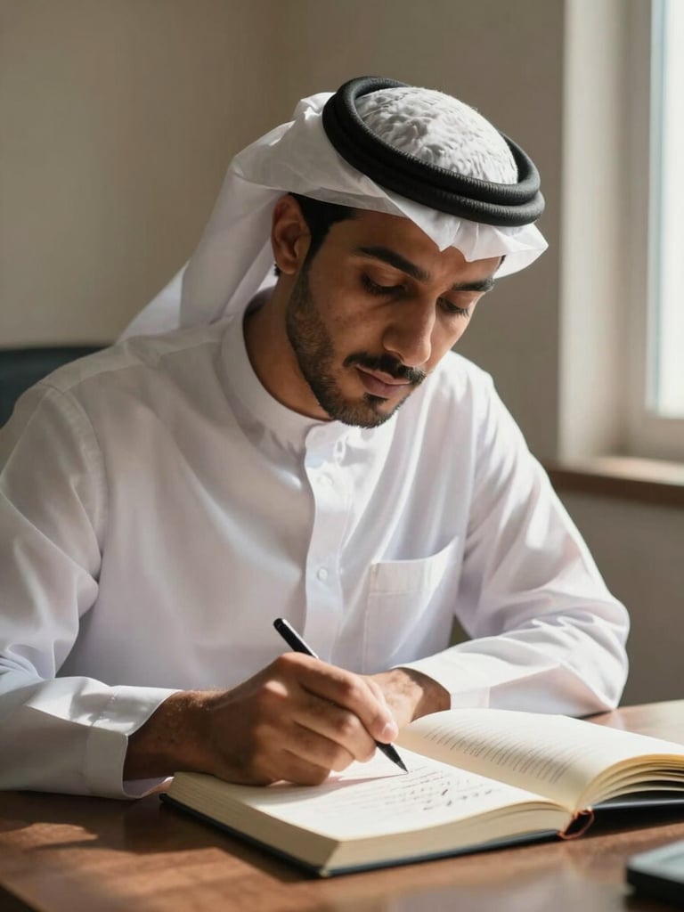 Medium shot of Mahmoud leaning forward at a desk, finger pointing at handwritten notes in an open journal, natural window light from the right casting soft shadows, warm neutral background wall, engaged and focused expression
