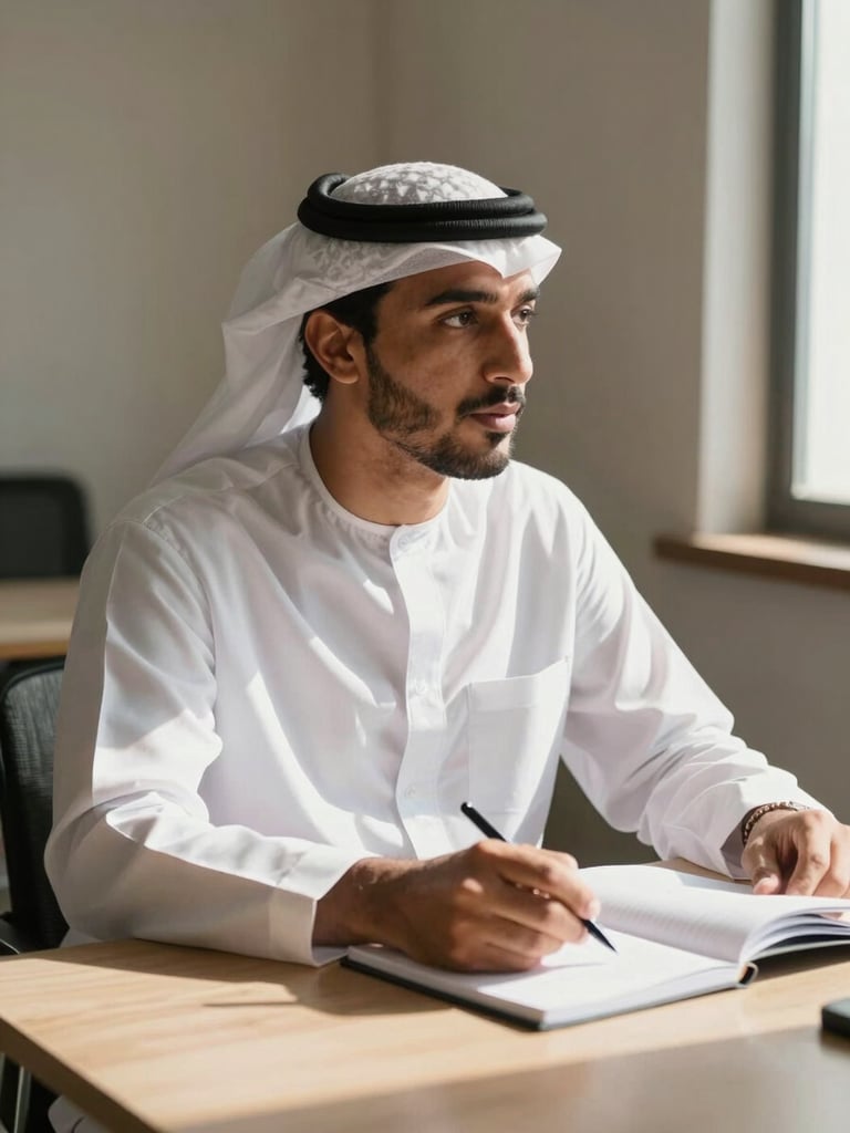Medium shot from the left side, Mahmoud leaning forward across a table mid-conversation, one hand open on a notebook, natural window light from the right casting clean shadows, warm neutral interior, suggesting active listening and clear thinking