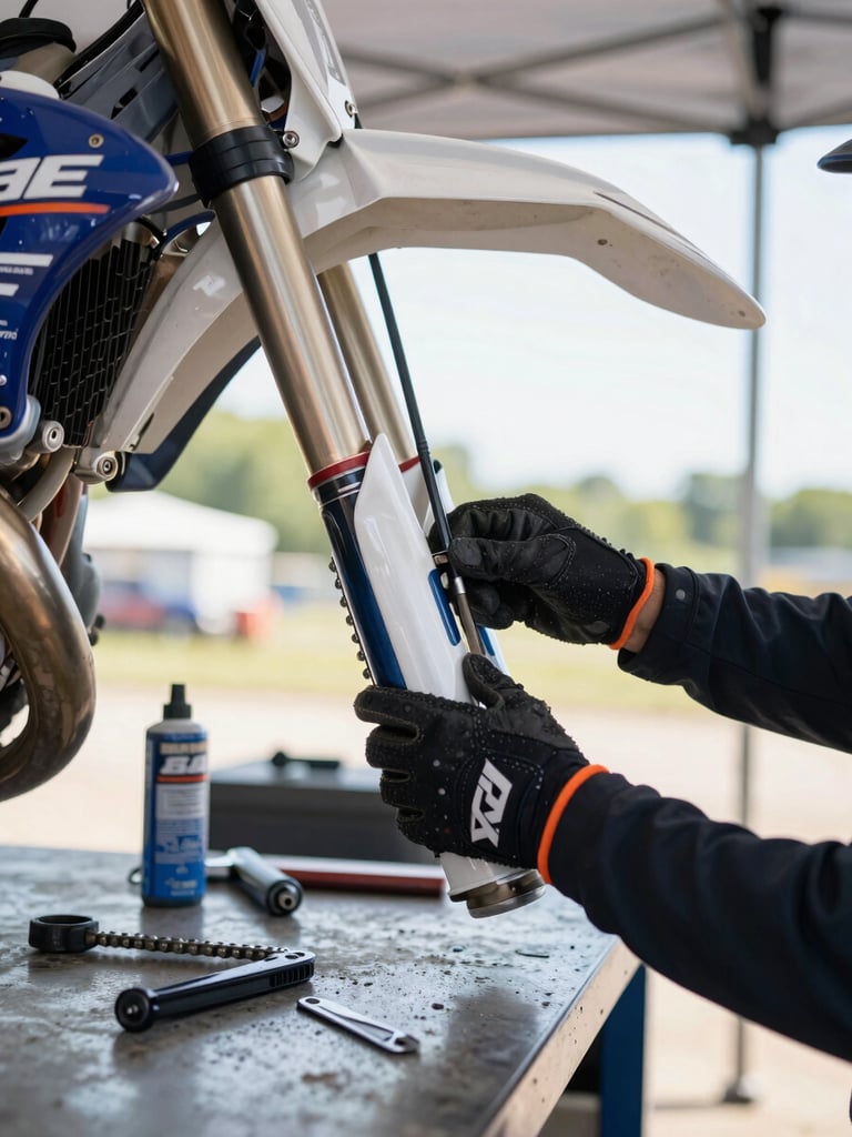 Close-up of a mechanic's gloved hands adjusting front fork suspension on a motocross bike in the pit lane, tools and a chain lube can visible on a metal workbench, natural daylight through a canopy overhead