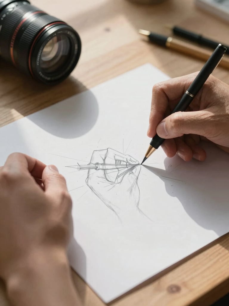 Close-up of hands sketching on drafting paper over a raw timber table, sharp shadows from natural window light.