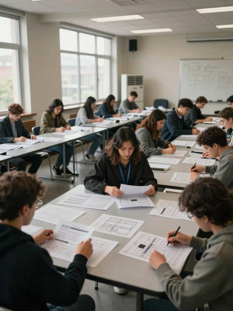 Wide institutional training room, participants seated at long tables reviewing printed frameworks and planning documents, soft natural daylight through tall windows on the left, overhead view showing the work spread across surfaces