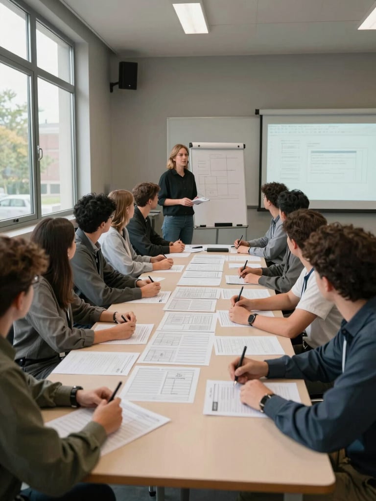 Wide institutional training room viewed from the side, participants seated around a long table covered in printed planning documents, a facilitator standing at a flipchart mid-session, natural daylight entering from tall windows on the left, warm gray walls, overhead angle slightly elevated showing the documents and hands in focus