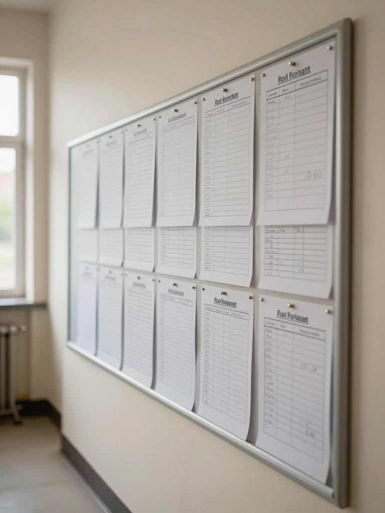 Wide shot of a hostel notice board mounted on a cream wall, printed room-assignment sheets and handwritten schedules pinned in orderly rows, morning window light falling from the left, hallway visible in soft focus beyond