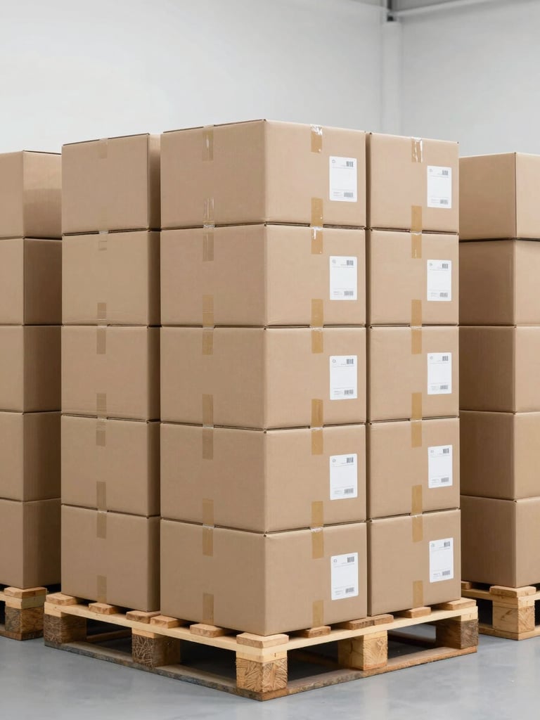 Medium close shot of organized warehouse inventory, showing neatly labeled shipping boxes stacked on clean wooden pallets under bright neutral lighting.