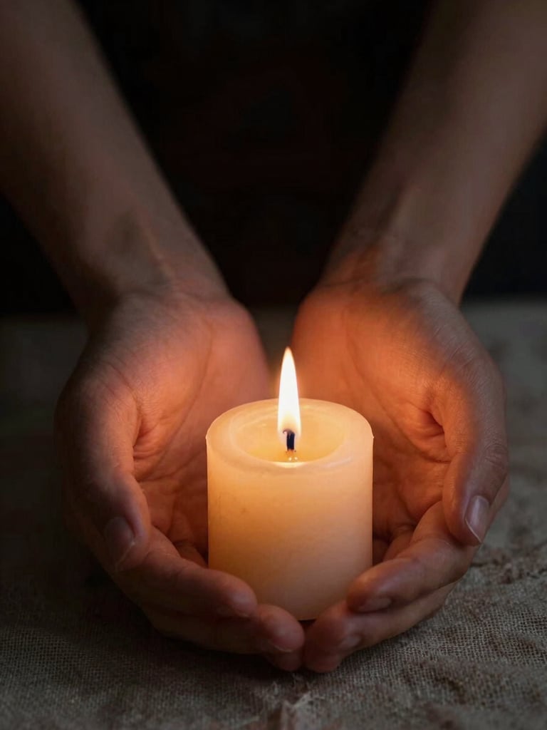Extreme close-up of a single beeswax candle flame in deep near-black darkness, a pair of bare hands cupped just below the flame on aged linen cloth, soft amber light pooling on the skin, no background detail, nocturnal and contemplative
