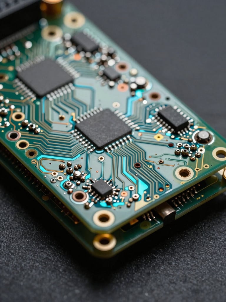 Macro close-up of a high-density printed circuit board layered over a partially visible battery module housing, cold strobe lighting from upper-left casting hard shadows across solder joints and copper traces, deep charcoal background, razor-sharp focus on the PCB surface texture with cyan-tinted reflections on metallic contact points, no hands, no people, pure technical detail