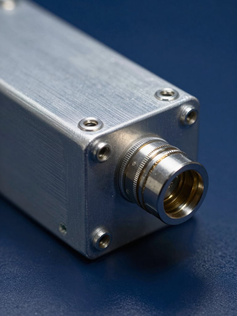 Macro close-up of a marine battery module under laboratory test conditions — precision-welded monolithic housing with IP69 port fittings visible, cold strobe lighting casting sharp highlights on aluminium edges, deep navy background, no people, no text, portrait orientation