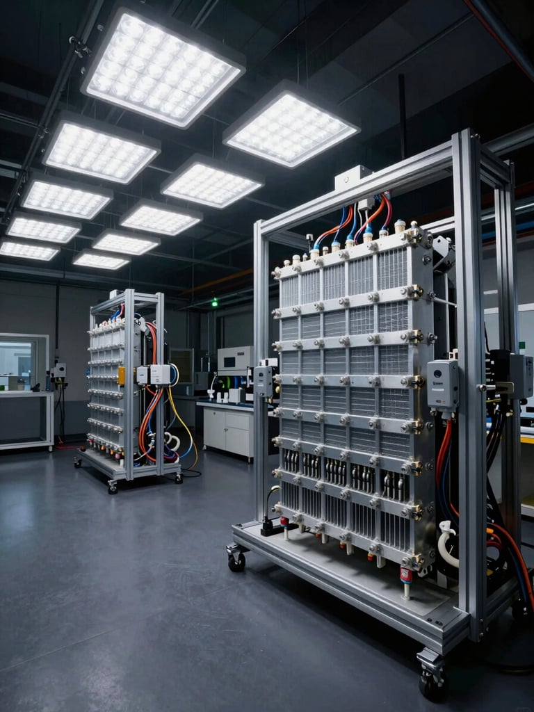 Wide industrial laboratory interior, panoramic frame, a liquid-cooled battery module housing mounted on a steel test rig in the right third of the frame, high-contrast cold LED array overhead casting sharp clinical light across aluminium cooling fins and sealed connectors, deep charcoal floor and dark background, no people, no text, technical testing environment with visible coolant tubing and instrumentation cables