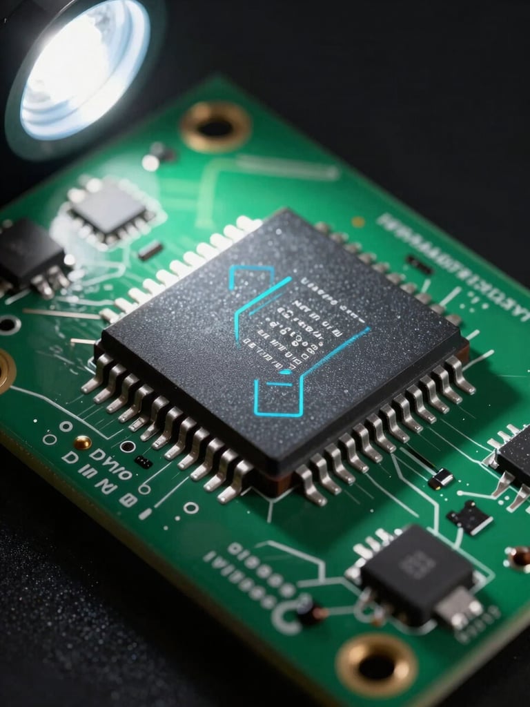 Extreme macro close-up of a commercial-off-the-shelf microcontroller chip mounted on a green PCB substrate, cold studio strobe lighting from upper-left casting hard shadows across the chip's pin array, cyan light tracing the copper pad rows, black background, no visible branding or text on the component