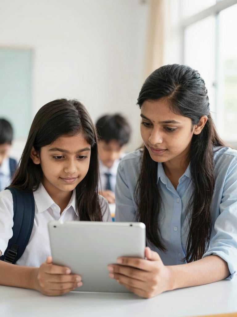 An Indian parent and high school student sitting together looking at a tablet screen with quiet confidence, bright home setting, natural daylight.