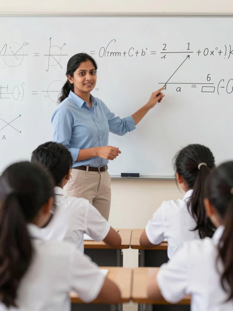 Bright editorial classroom photography, an experienced South Asian teacher explaining a physics concept on a whiteboard to focused high school students, natural daylight