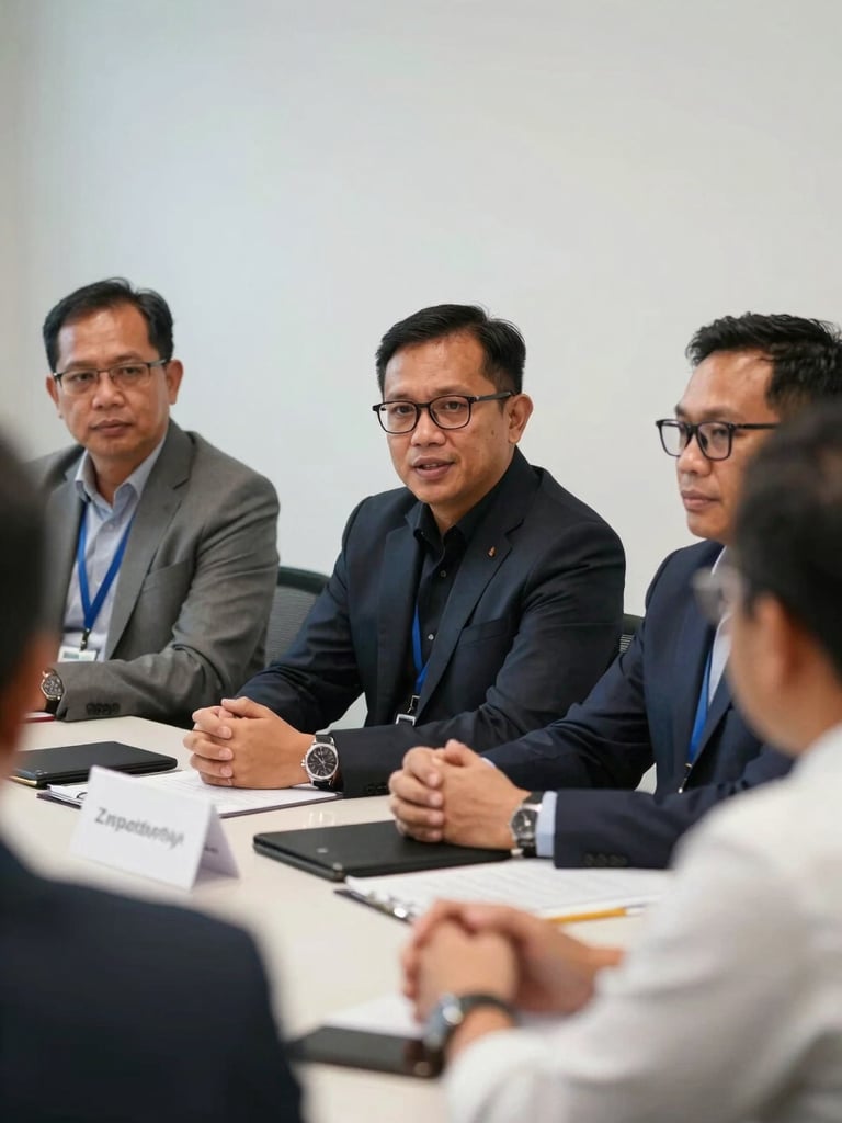 Portrait orientation, clean professional lighting, a modern business forum in Timika, local Papuan entrepreneurs and corporate leaders in discussion, clear focus, high-end institutional feel.