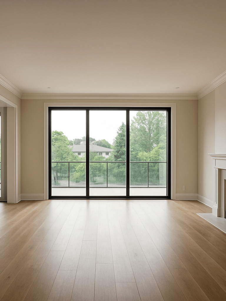 Wide environmental shot of an empty residential living room photographed in full 360 context, neutral true-to-life daylight through floor-to-ceiling windows, architectural details visible, no furniture staging, room depth fully rendered
