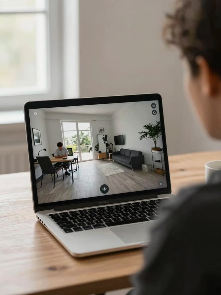 Over-the-shoulder framing of a person at a desk reviewing a 360-degree virtual tour on a laptop screen, neutral daylight from a window to the left, the room behind them softly out of focus, no face visible