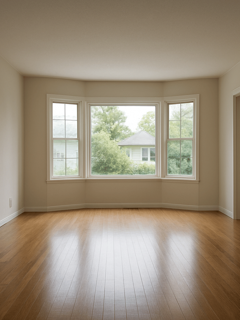 Wide environmental shot of an unoccupied residential living room, full room depth visible, neutral true-to-life daylight streaming through large windows, clean architectural lines, no staging or decorative clutter, shot from corner to show the entire space