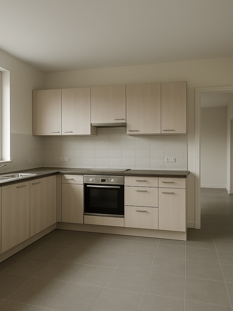 Wide environmental shot inside an empty modern kitchen, neutral daylight through large windows, full room depth visible from corner angle showing countertops cabinetry and open doorway beyond, no people no staging props