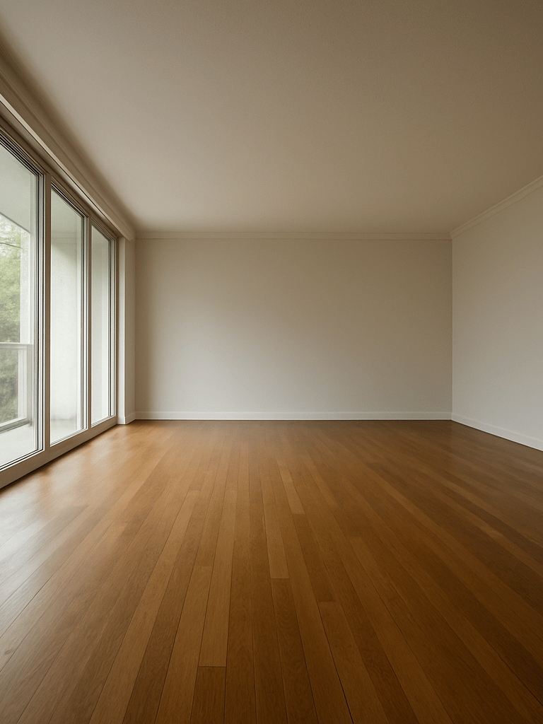 Wide-angle view of an empty residential living room interior, neutral daylight flooding through floor-to-ceiling windows on the left, hardwood floors receding toward a far wall, no furniture staging — pure architectural space, shot from a low corner to show full room depth