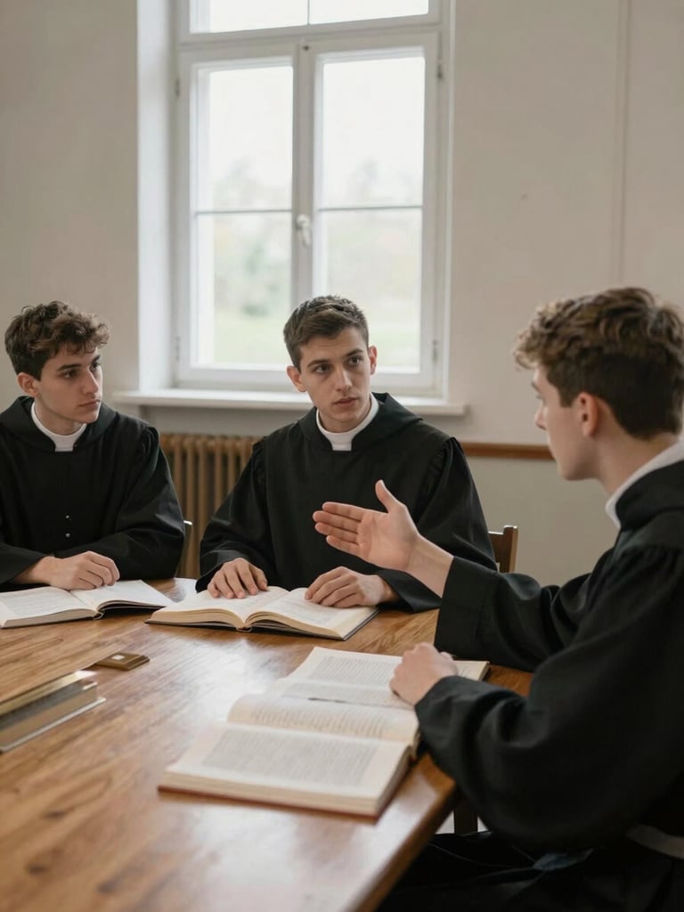 Wide environmental shot: three seminarians seated around a wooden table in a sun-lit study room, textbooks open, one gesturing mid-conversation, north-facing window light, documentary framing, no posing, faces visible but not directed at camera