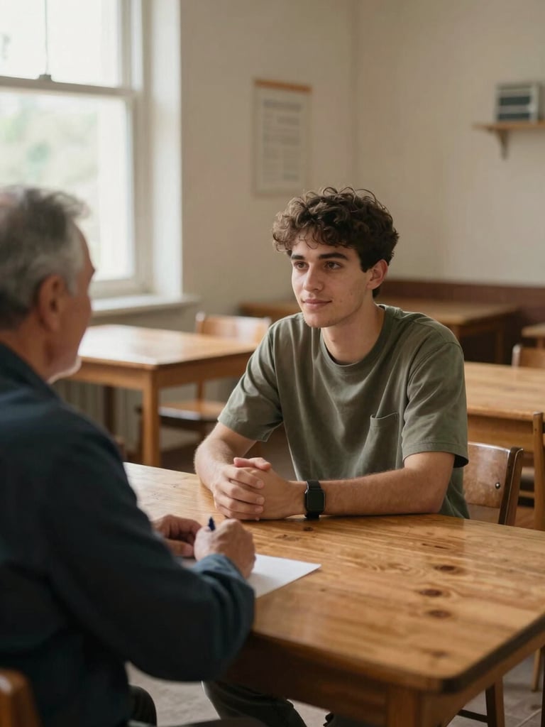 Close environmental shot inside a seminary dining room, a young man in casual clothes listening intently across a wooden table to an older seminarian, natural north-facing daylight through a side window, hands visible on the table, documentary style, warm slate and ochre tones, no posed smiles