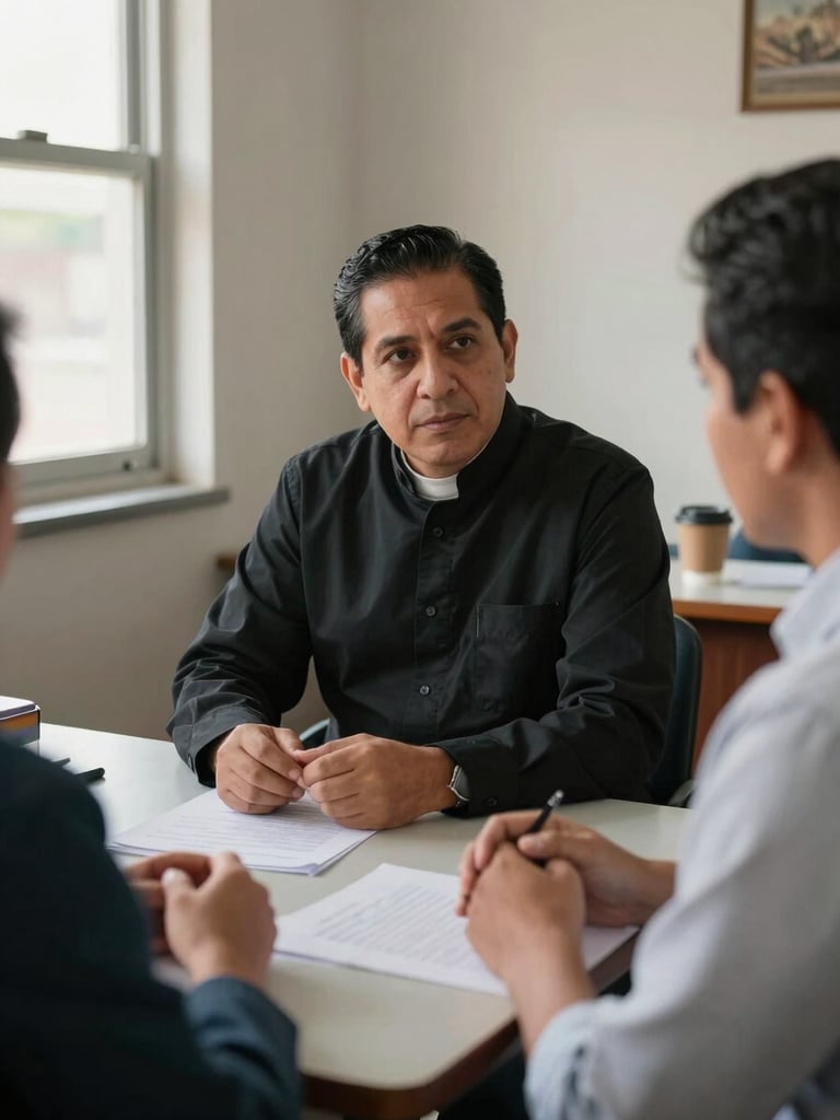 Close environmental frame in a modest Tijuana parish office, a priest in simple black shirt seated across a small table from two people in conversation, hands visible on the table, natural light from a side window, papers and a coffee cup in the background, unposed and documentary in feel