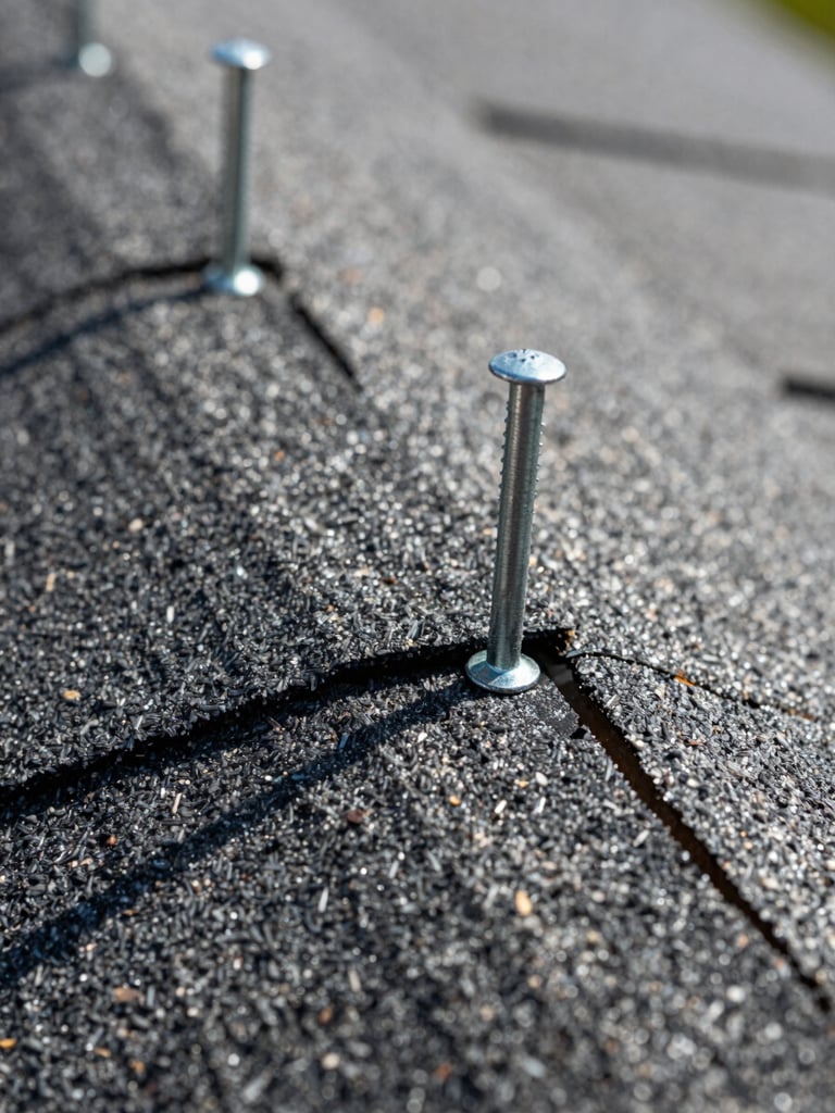 Extreme close-up daylight shot of roofing nails driven flush into new architectural shingles at the nail line, no overdriven or underdriven fasteners, the texture of the mat and granules sharp and clear