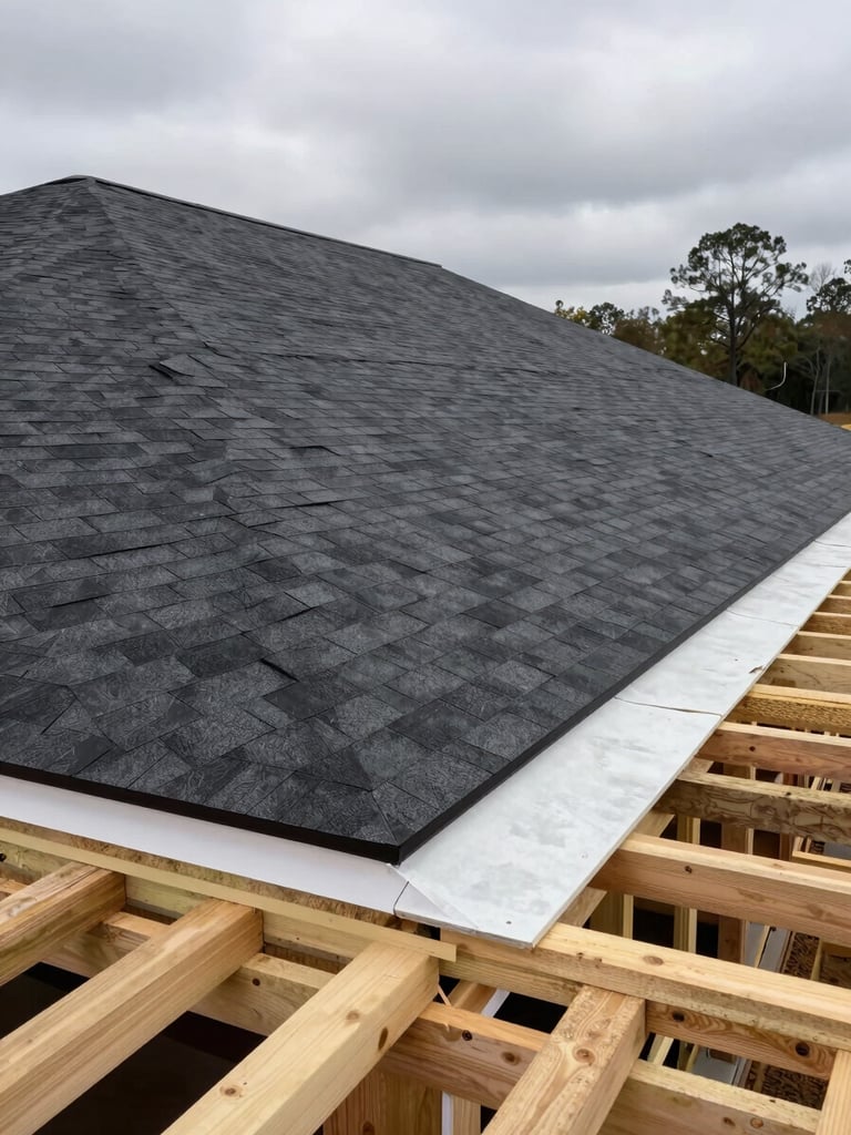 Wide environmental shot of a new construction residential build in Alabama, bare roof decking fully sheathed and crew laying the first course of dark shingles from the eave, overcast sky, raw lumber and felt paper visible in the foreground