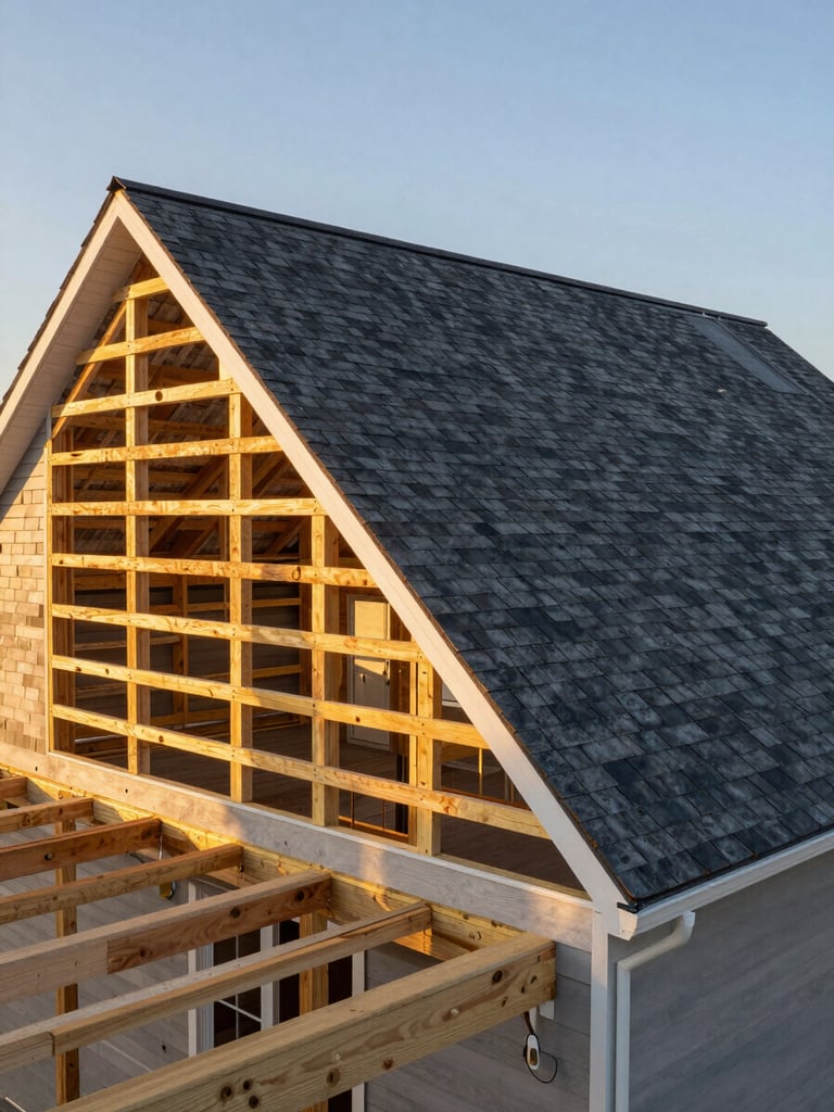 Alabama home exterior mid-remodel, half of the roof stripped to bare decking on the left side and new slate-grey architectural shingles installed on the right side, golden hour light emphasizing the dramatic material contrast across the roof plane