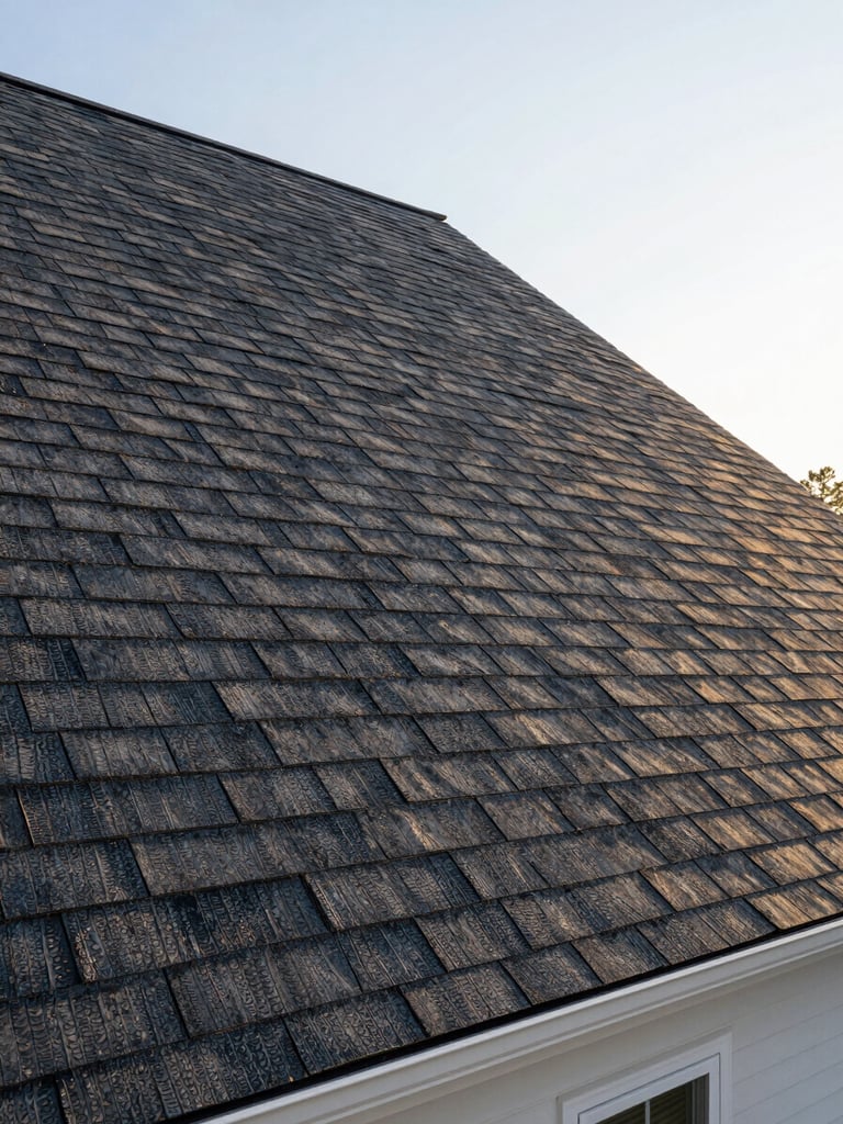 Wide angled shot of a freshly installed dark charcoal shingle roof on an Alabama home exterior, late afternoon daylight raking across the roof plane to reveal material texture, clean ridge line against a pale sky, full slope visible from eave to peak