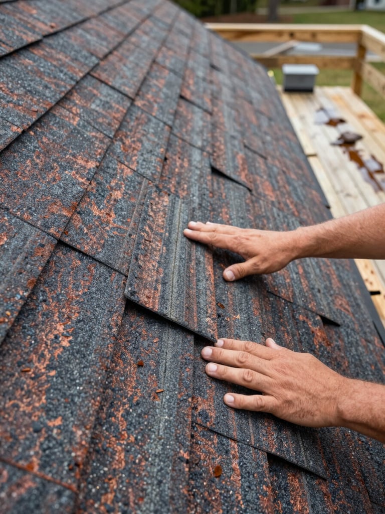 Close-up of a roofing repair in progress on an Alabama residential roof, hands pressing new shingles flush against existing weathered ones, overcast daylight showing true color contrast between old and new material, water stain on decking visible in the background