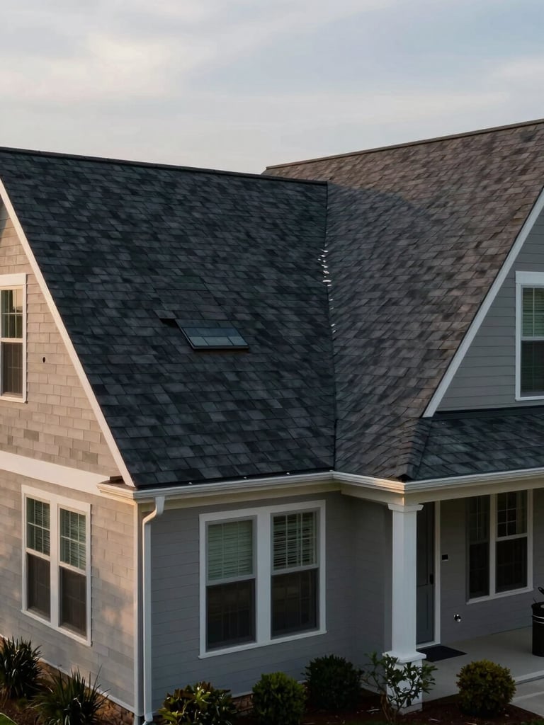 Wide environmental shot of a completed Alabama residential roof replacement — dark charcoal shingles on a gabled roofline, late afternoon overcast light showing true material color, full home exterior with clean gutters and trimmed landscaping, no workers