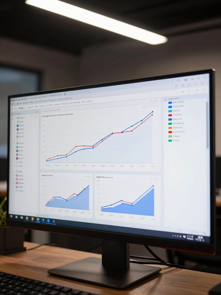Tight crop on a wide monitor displaying a live Google Ads campaign dashboard, multiple conversion graphs trending upward, cost-per-acquisition metrics visible on screen — overhead studio lighting, dark office environment, sharp screen glow, no people visible