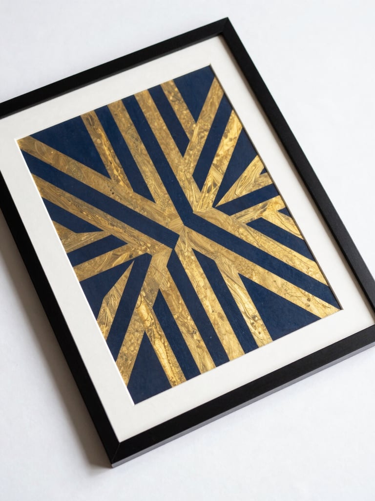 Overhead flat-lay on white surface, single framed art print with bold geometric pattern in navy and gold, studio lighting, sharp edges, no props